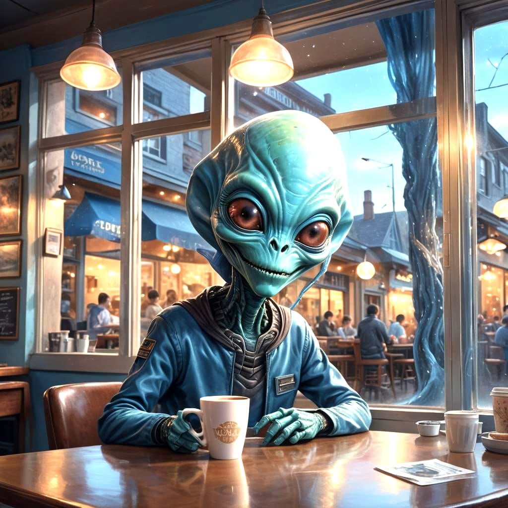 Alien Peeks into Coffee Shop: Digital Matte Painting