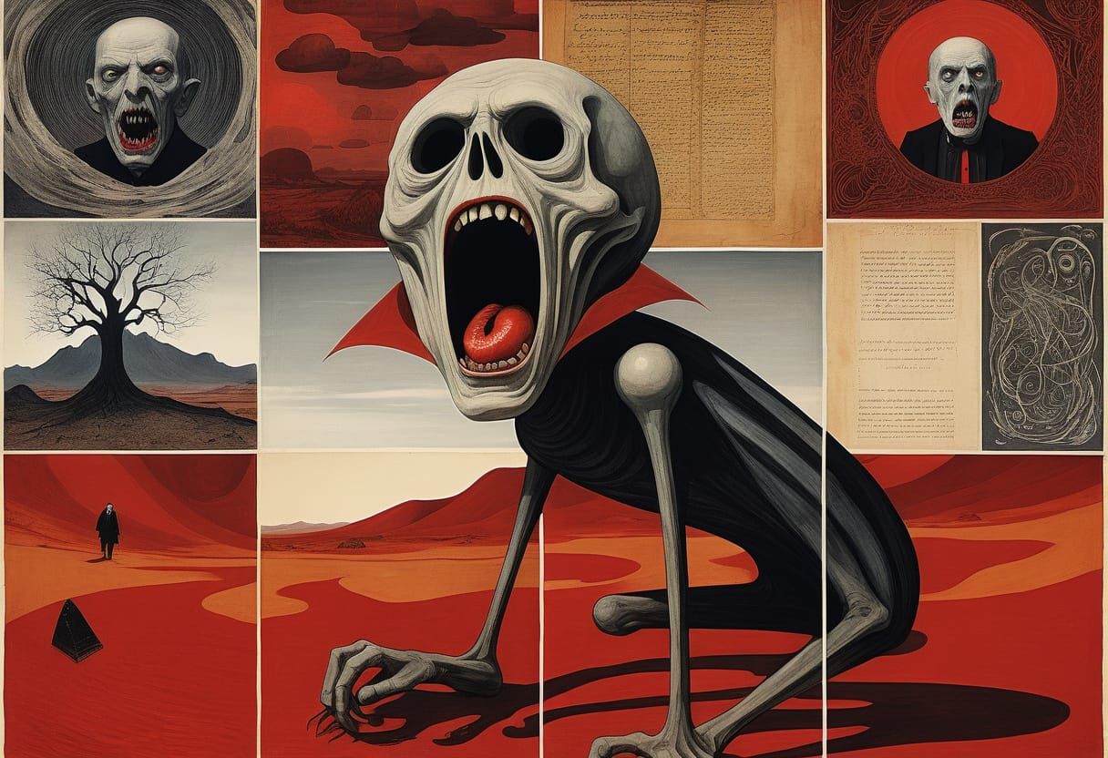 Gothic Horror Vampire Feasting in Red Desert, Mixed Media