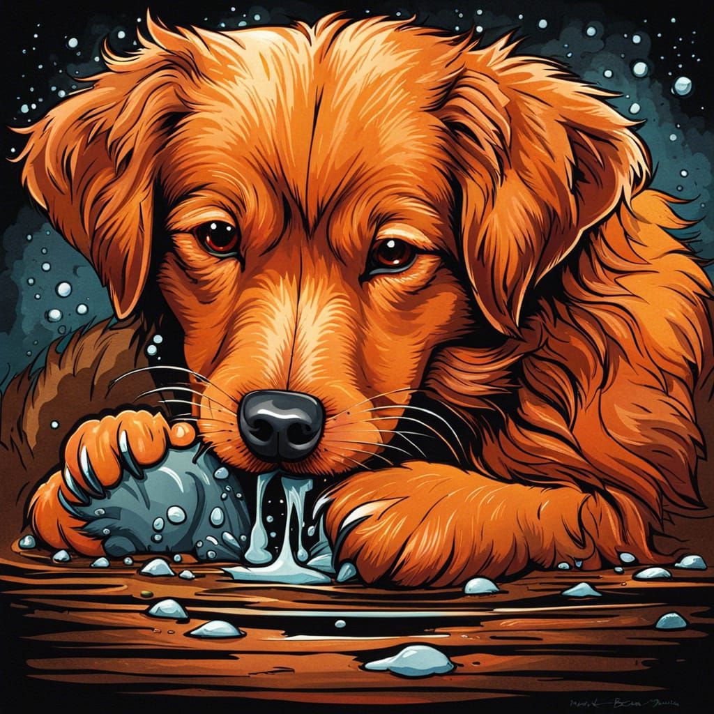 Cute Dog Licking Paw in Watercolor Style