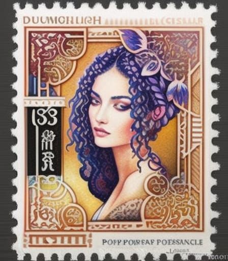 Detailed English Writing Postage Stamp in Gouache Style