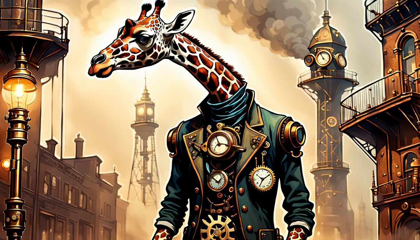 Steampunk Giraffe with Mechanical Arm in Misty City