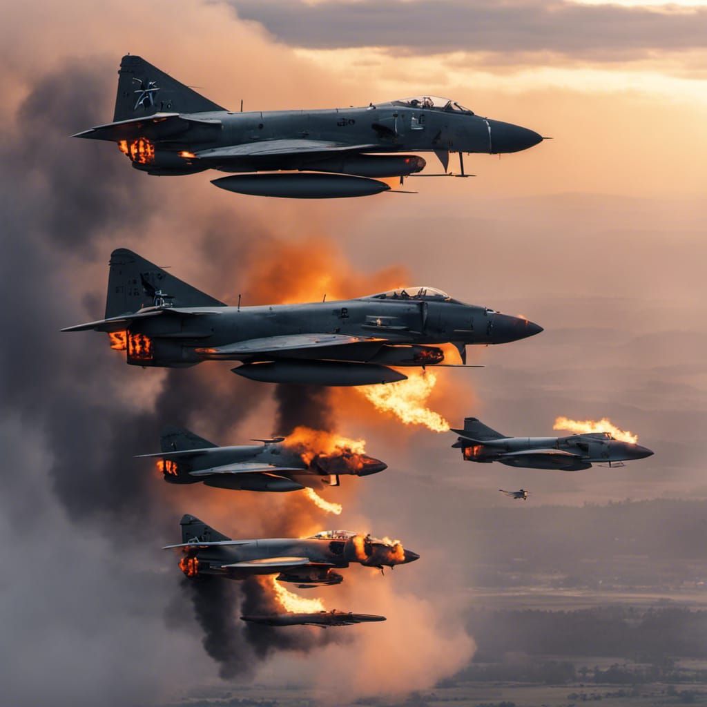 Four F-4 Phantoms Flying on Fire in 4K