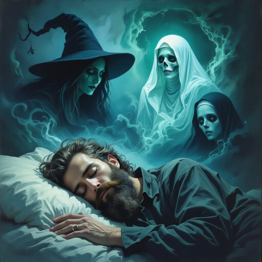 Man's Nightmare Dreamscape: Witch, Nun, and Ghost Apparition...