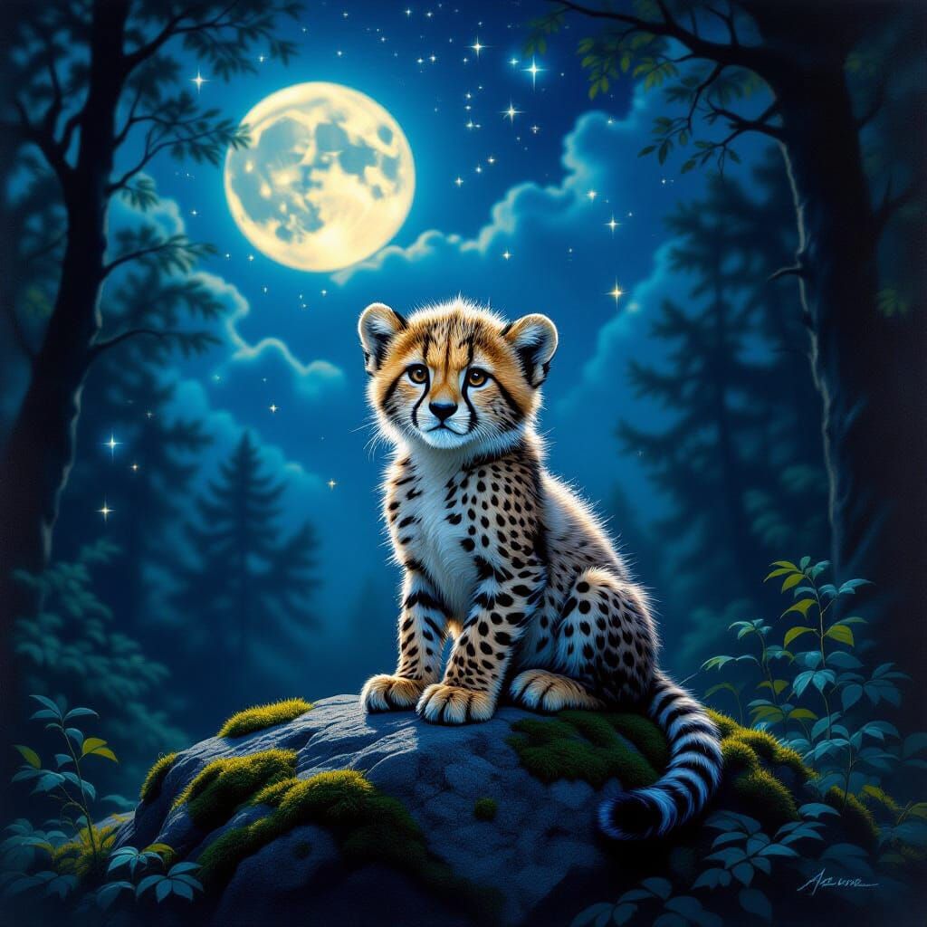 Baby Cheetah in Moonlit Forest: Baroque & Romantic Style