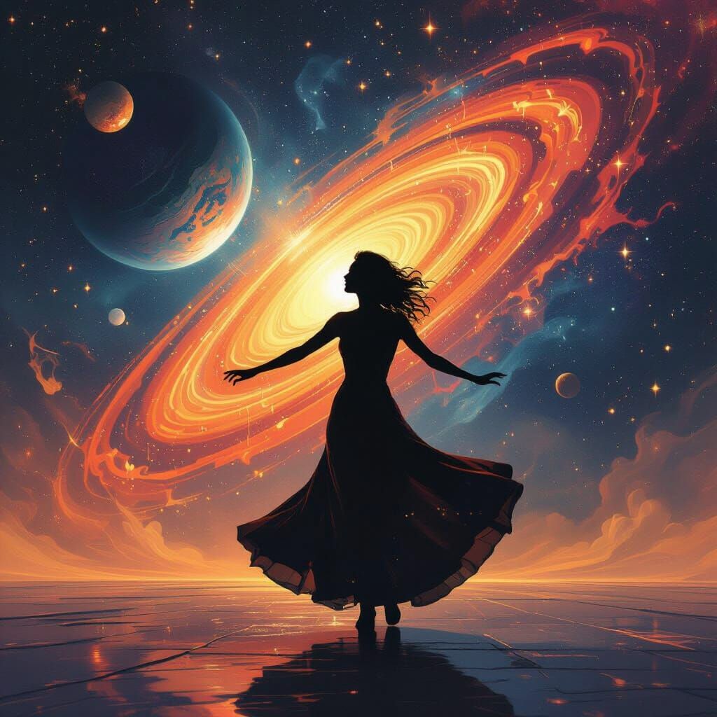 Silhouetted Figure Dancing in Vibrant Cosmic Vista