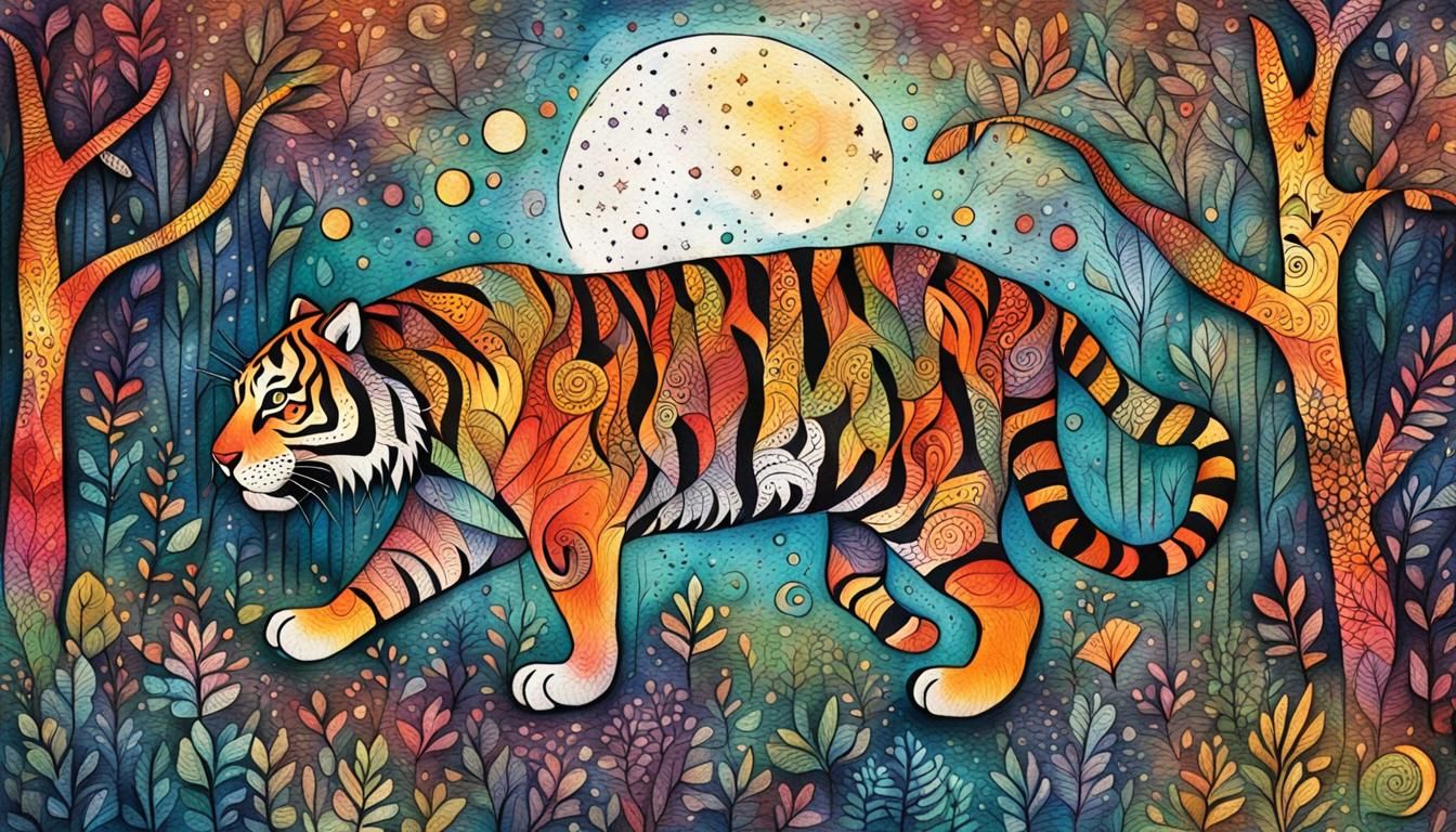 Happy Tiger in Moonlit Forest: Zentangle Ink Drawing