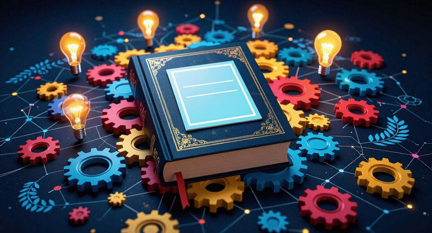 Mastery Book Surrounded by Gears and Icons