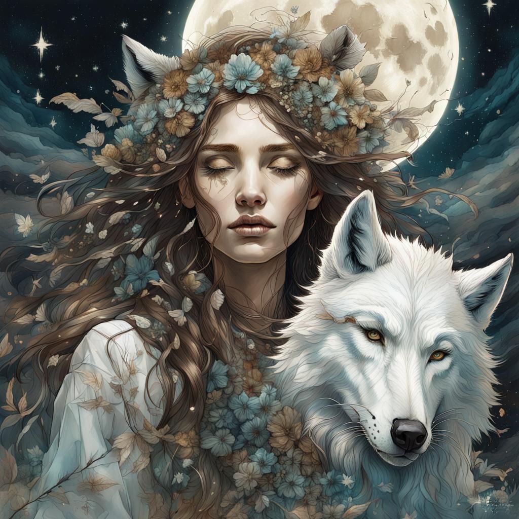 Anthropomorphic Wolf and Woman in Fantasy Art