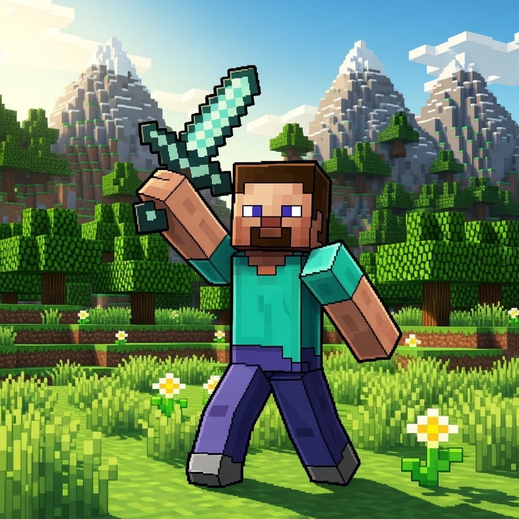 Minecraft Steve in Pixel Art Landscape with Diamond Sword