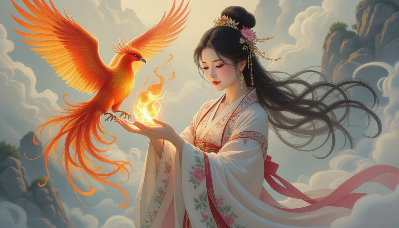 Chinese Woman with Burning Phoenix in Dreamscape