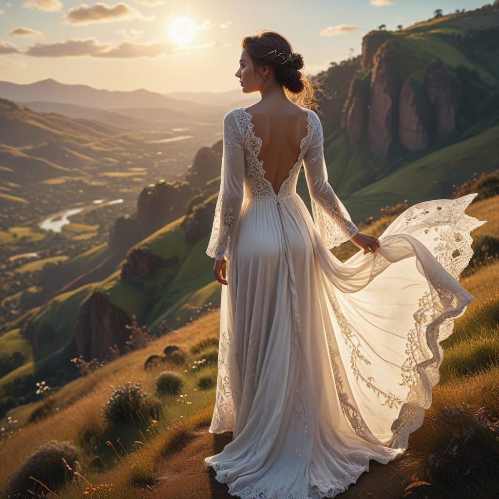 Ethereal Woman Stands Amidst Breathtaking Landscape in a Gau...