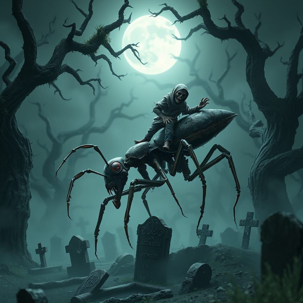 Miniature Zombie Rides Skeletal Ant in Dark, Gothic Cemetery