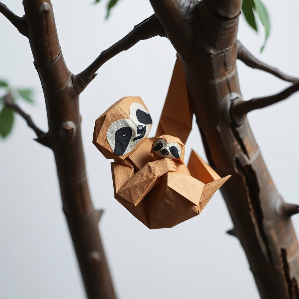 Origami Sloth Family Hanging from Tree