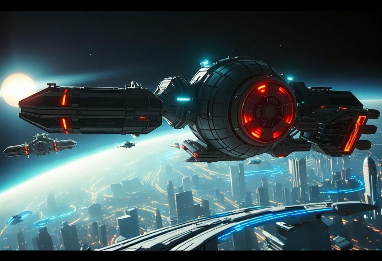 Space Station with Flying Cars in Futuristic Cityscape