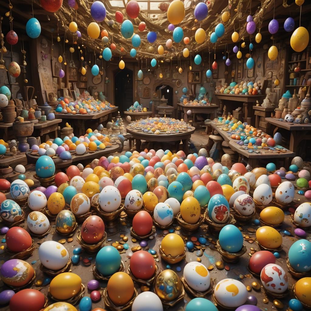 Whimsical Egg Art Exhibit in Fantasy Setting