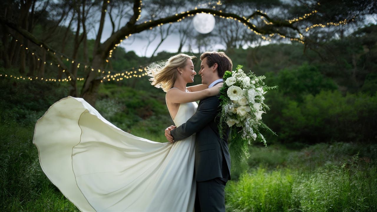 Lovers Embrace in Moonlight Woodland Scene