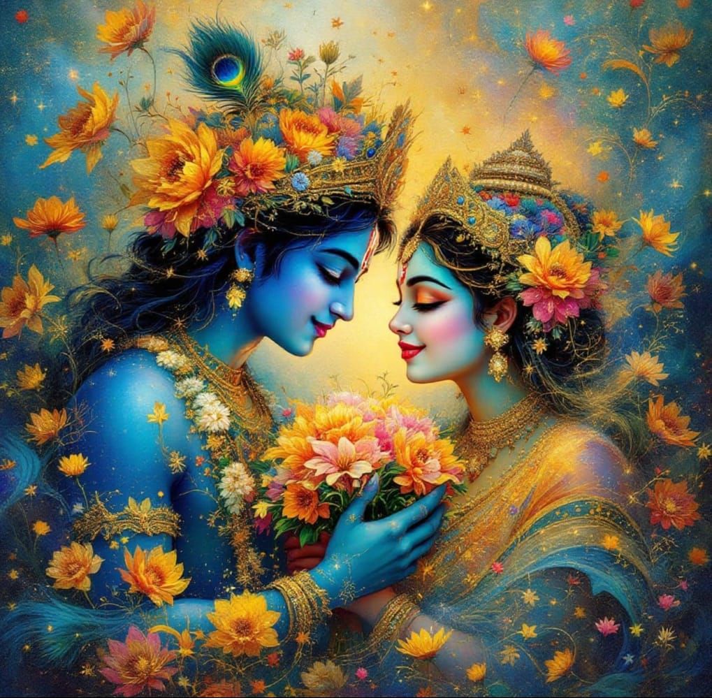 Ethereal Fantasy of Krishna and Radha in Impasto Brushstroke...