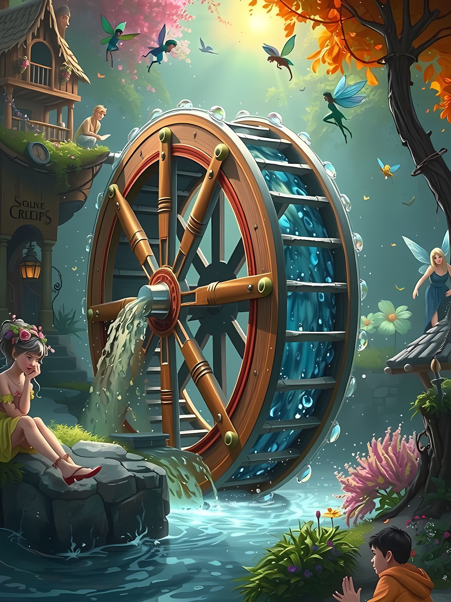 In a breathtaking, surreal fantasy environment stands a majestic waterwheel, over which the sparkling water of a clear, ...