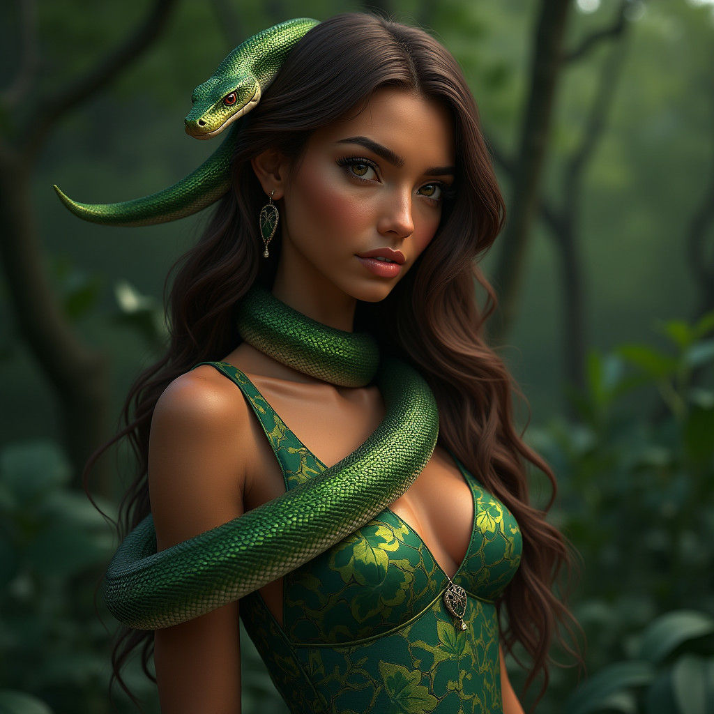 Woman in Leaf Dress with Snake, Fantasy Art
