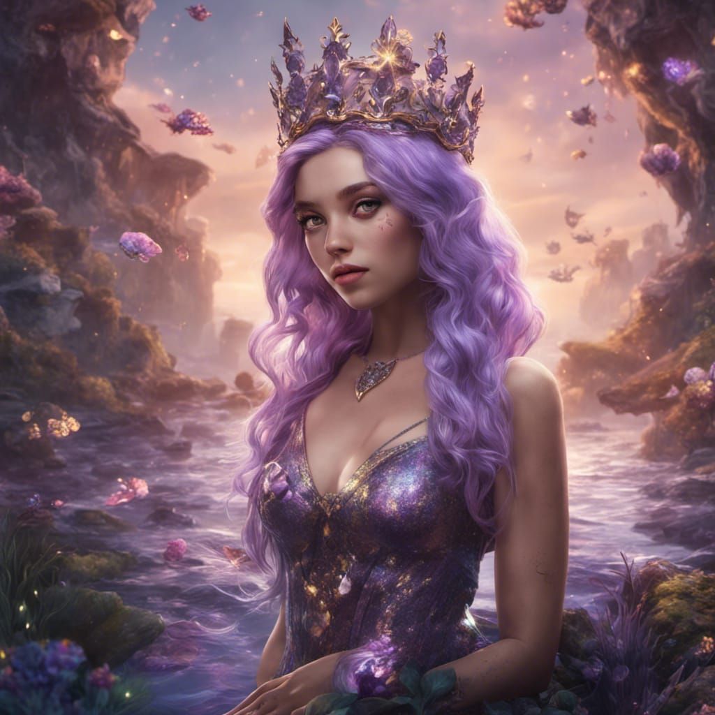 Glittery Mermaid with Lilac Hair, Detailed Digital Painting