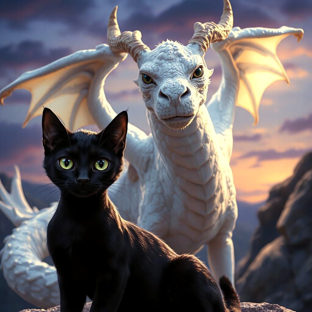 Black Cat Meets White Dragon in Artistic Rendition