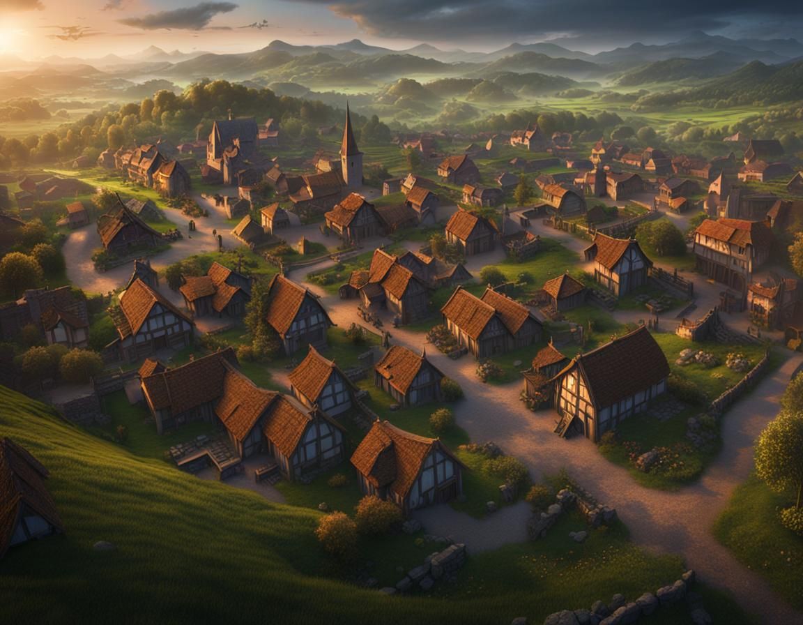 Medieval Farm Town at Twilight in Digital Art