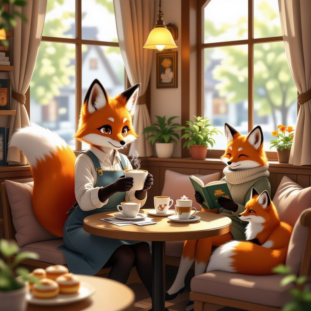 Anime Fox Café Scene With Latte Art