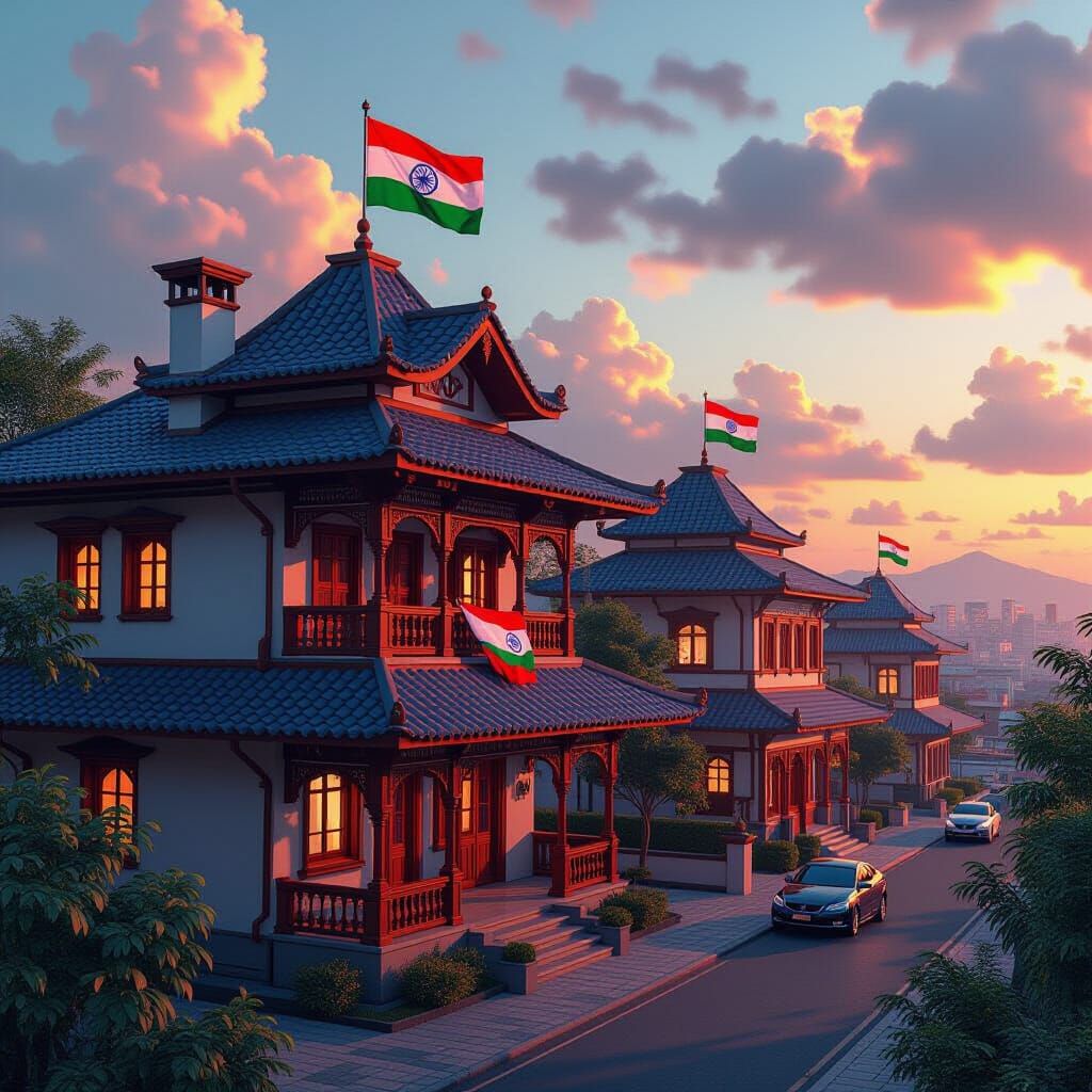 Indian Houses Displaying Tricolor Flags in Dynamic Lighting