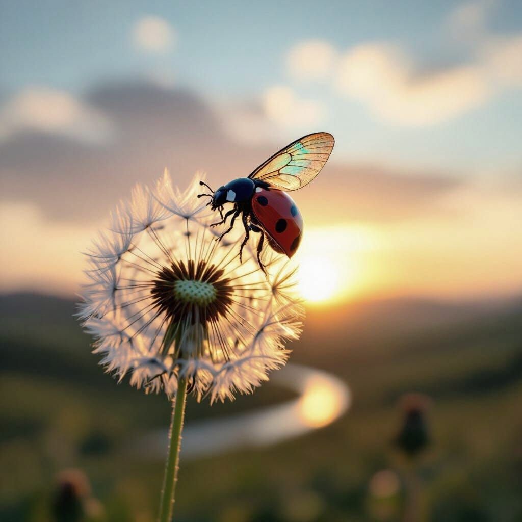 Ladybug Soaring on Dandelion Seed at Sunset
