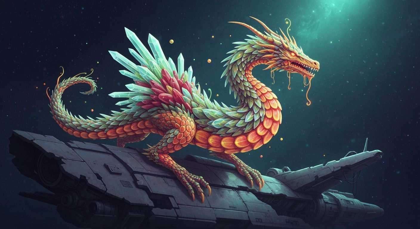 Bioluminescent Fruit Dragon on Spaceship, Acid Ink Style