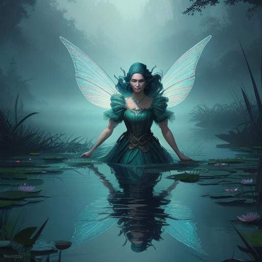 Fairy Princess and Mirrored Reflection in Hyperrealistic Fan...