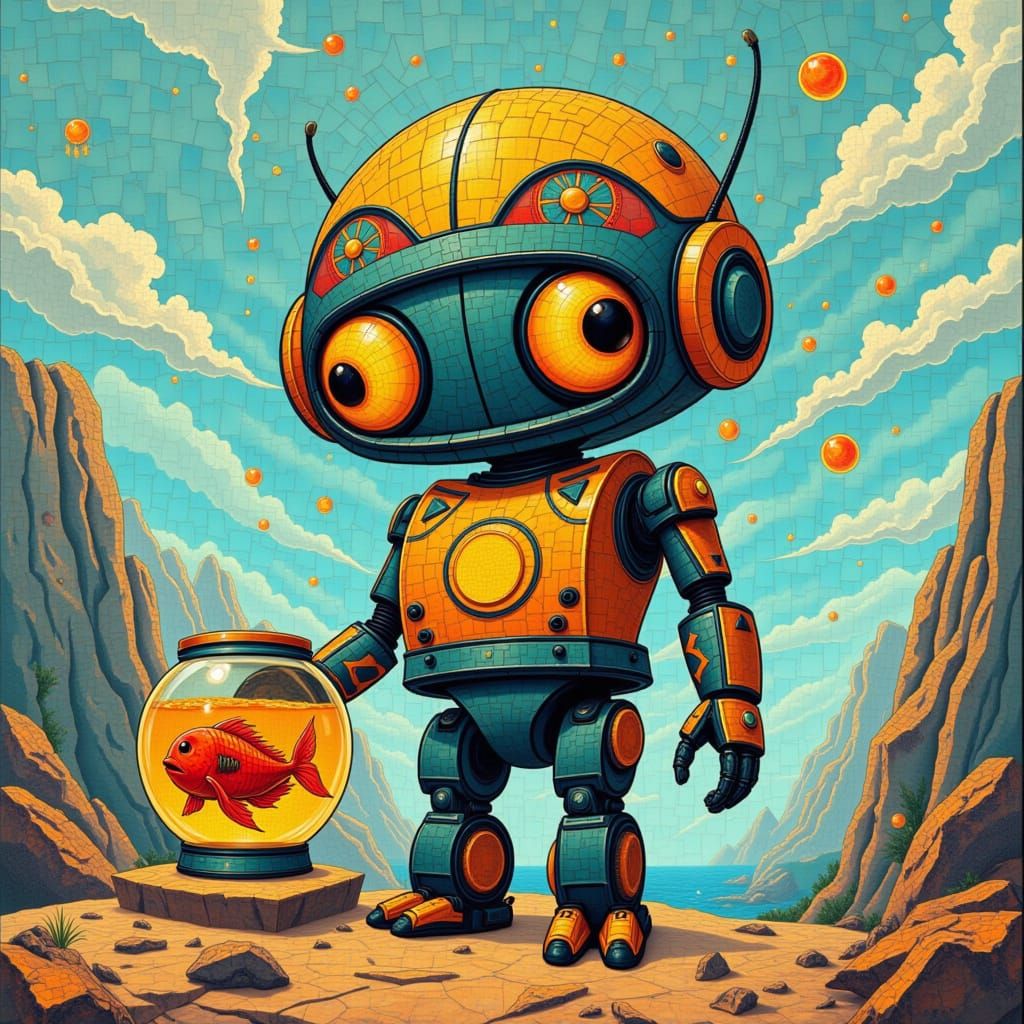 Cute Robot Holding a Fishbowl
