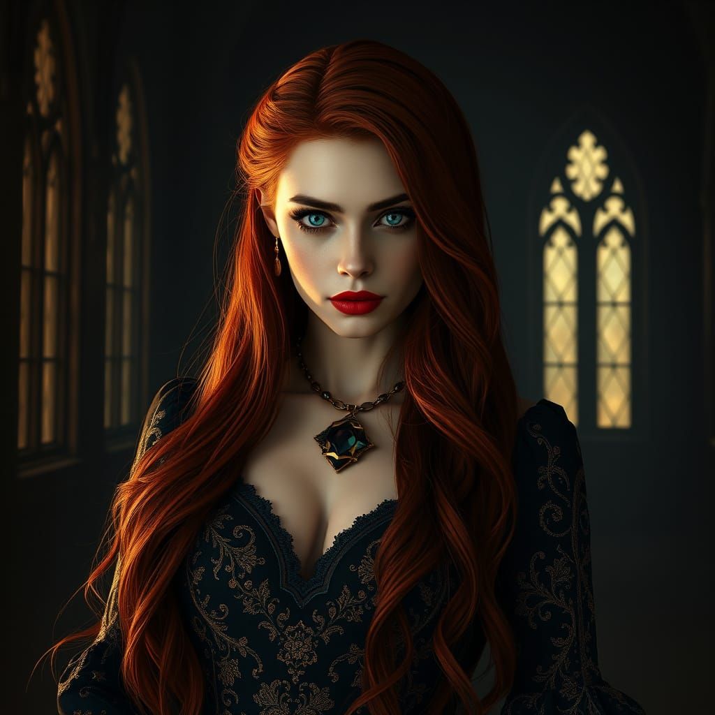 Ethereal Gothic Goddess with Crimson Hair and Emerald Eyes