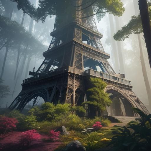 Eiffel Tower in Mystical Forest, Fantasy Matte Painting