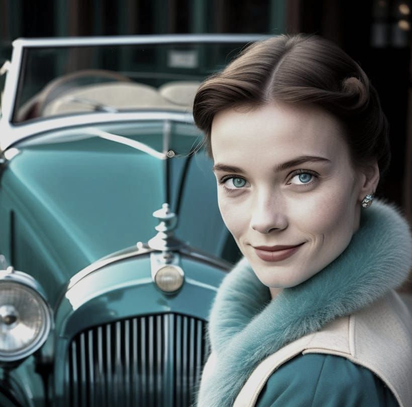 Woman Posing with Vintage Car in 1930s Town