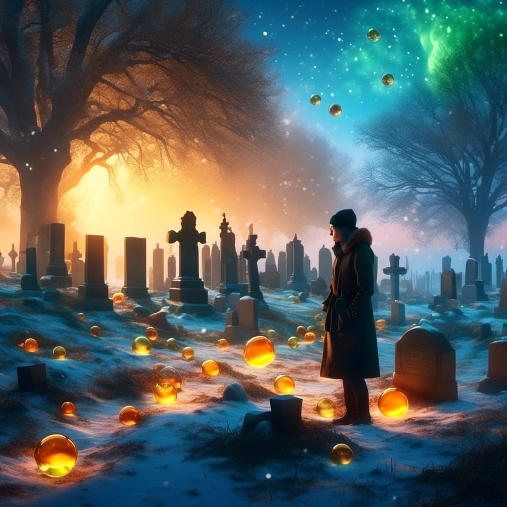 Winter Cemetery Scene with Glowing Bubbles