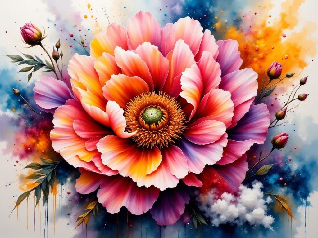 Vibrant Peony Blooms in Whimsical Watercolor Style