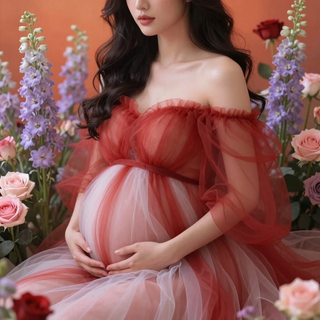 Maternity Portrait in Red and White Tulle Gown