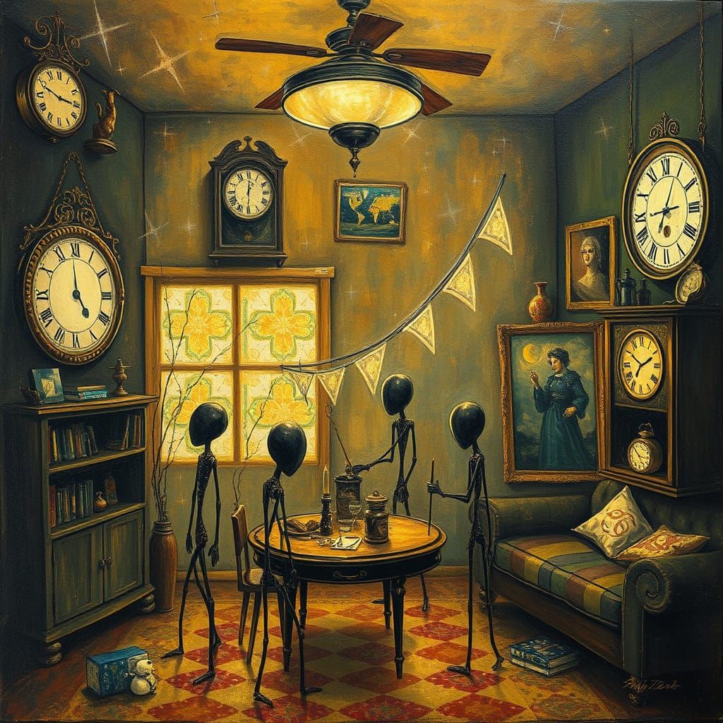 Whimsical Stick People in a Cozy Home Scene