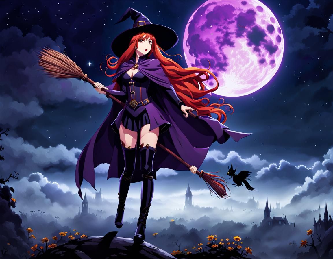 Anime Witch Soaring Under Full Moon in Graffiti Style