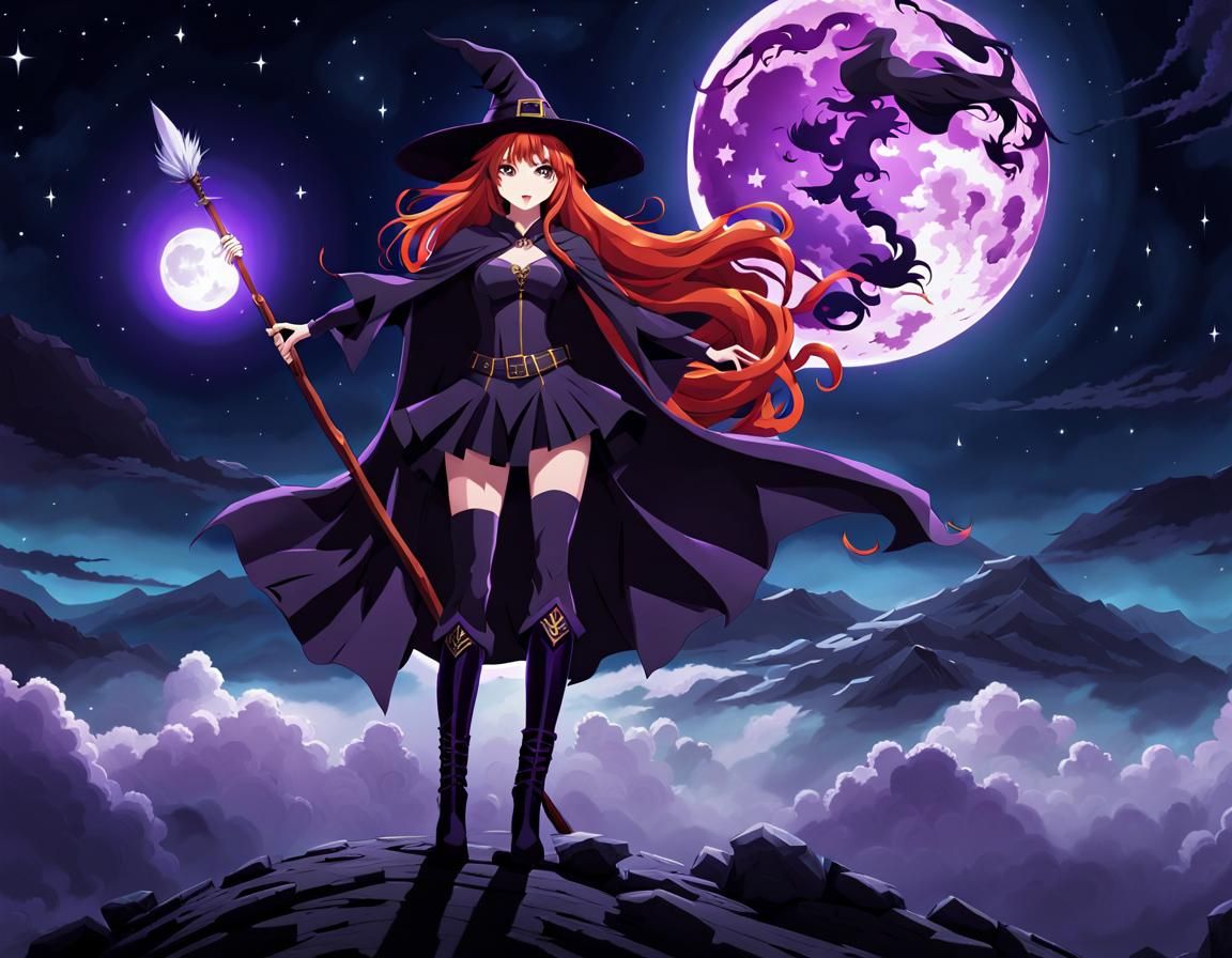 Anime Witch Soaring Under a Full Moon