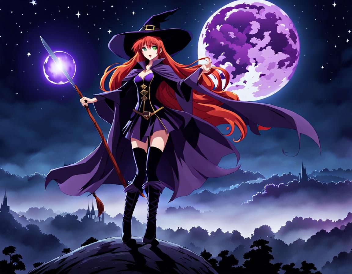 Anime Witch Soaring Under a Graffiti Moon