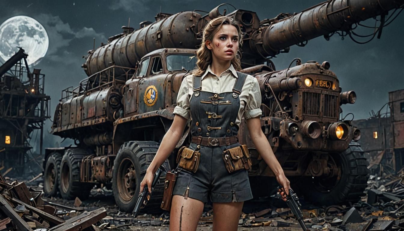 Steampunk Harvester in Wasteland with Girl and Luger