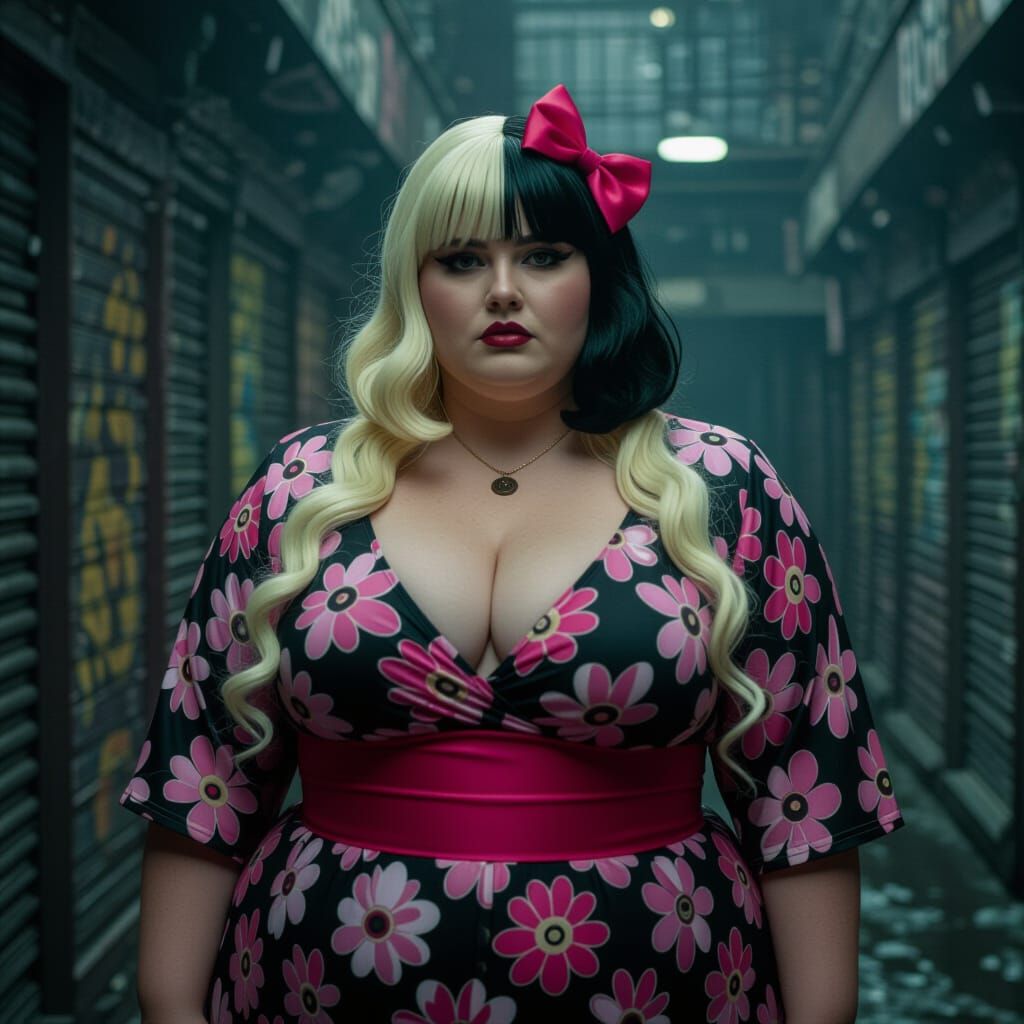 Obese Woman in Kawaii Style with Two-Tone Hair