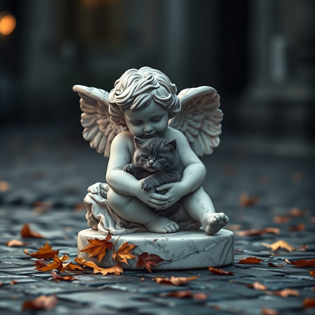 Cherub Statue Cradles Kitten Amidst Autumn Leaves