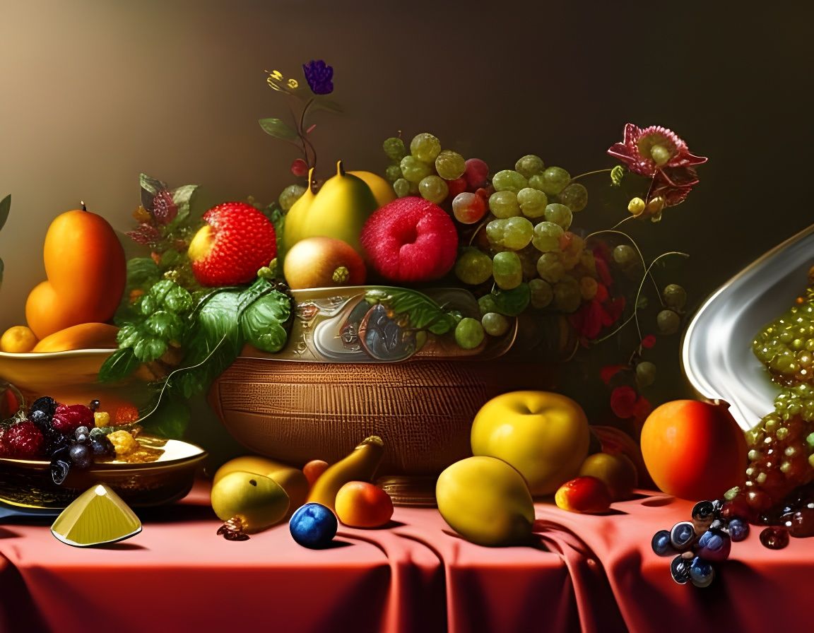 Detailed Still Life with Fruit and Psychedelic Elements