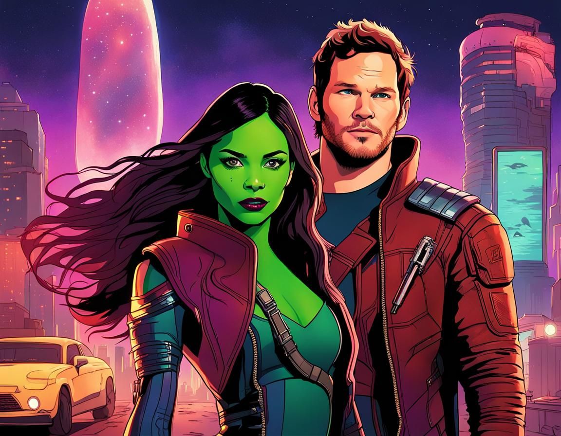 Gamora and Star-Lord in Neon Cityscape