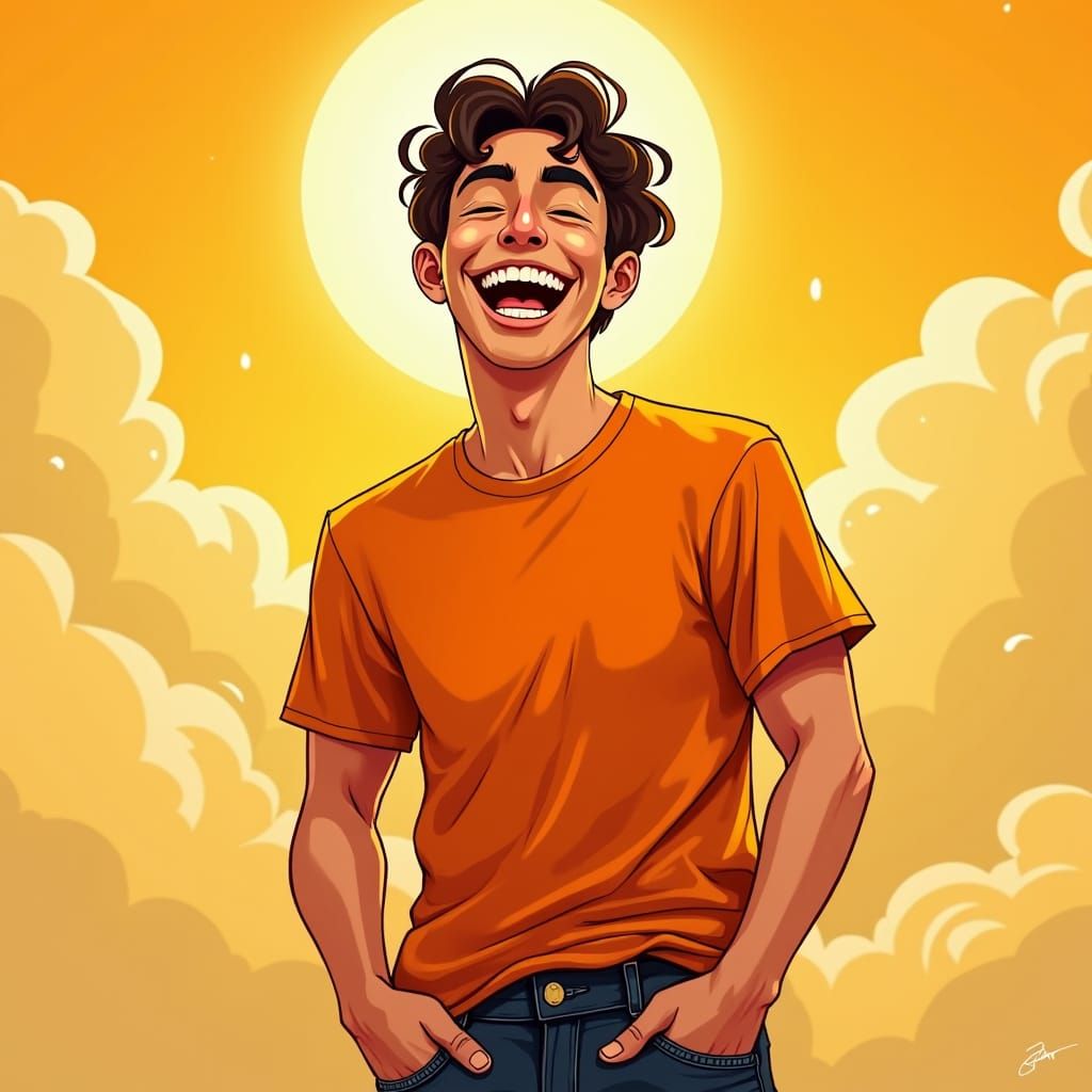 Beaming Young Man Laughing Joyfully in Sunlit Scene