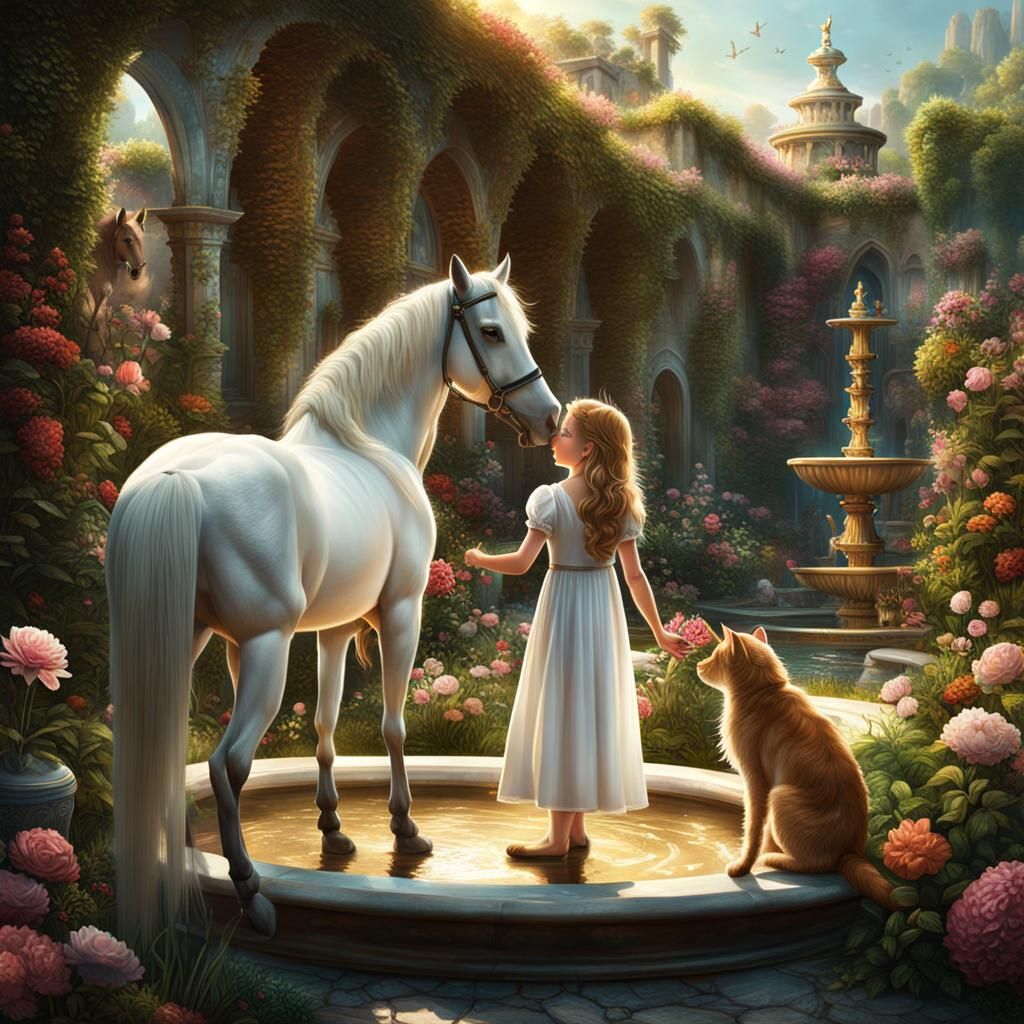 Girl and Mythological Creatures in Garden Oasis