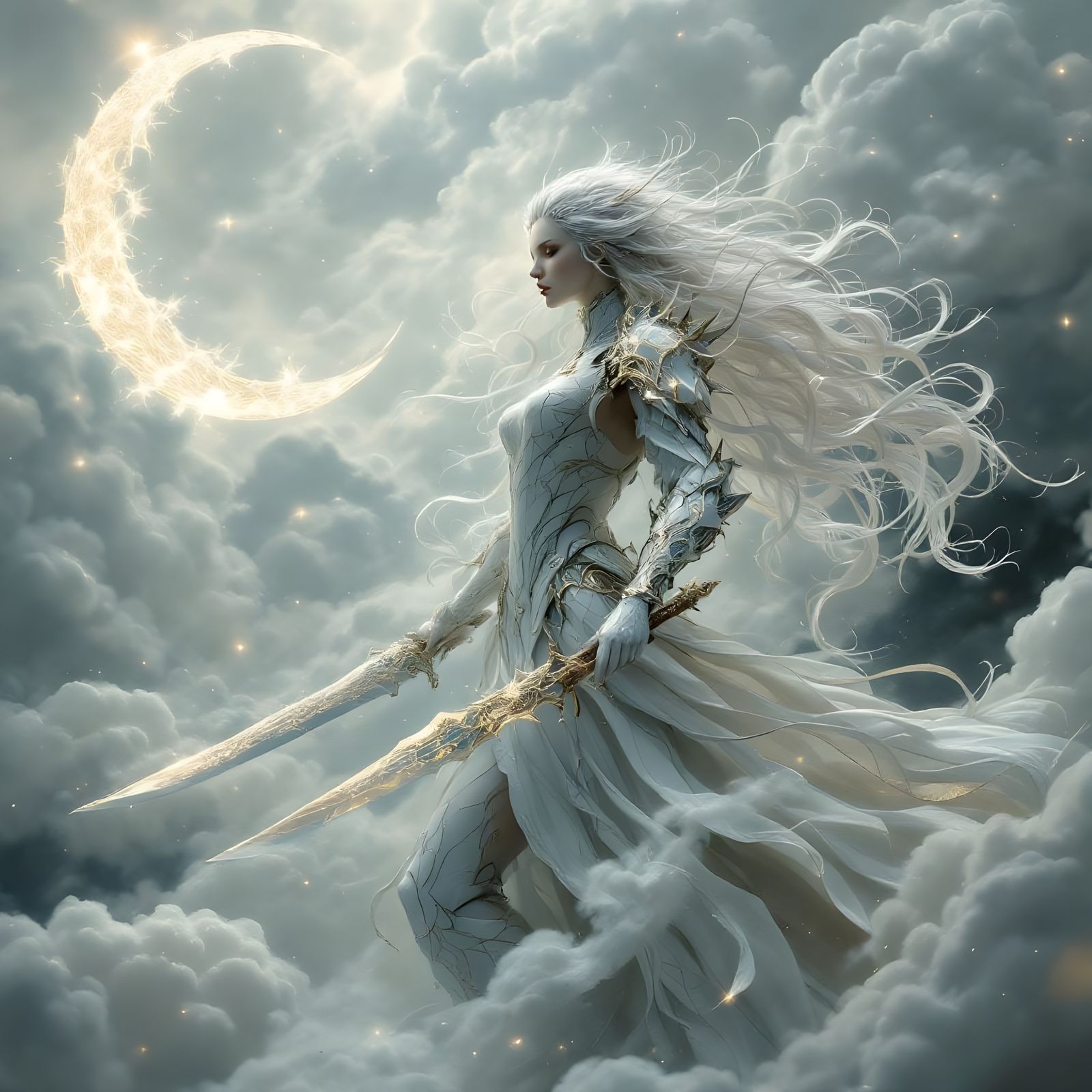 Ghostly Warrior with Crescent Blade, Art Nouveau Style